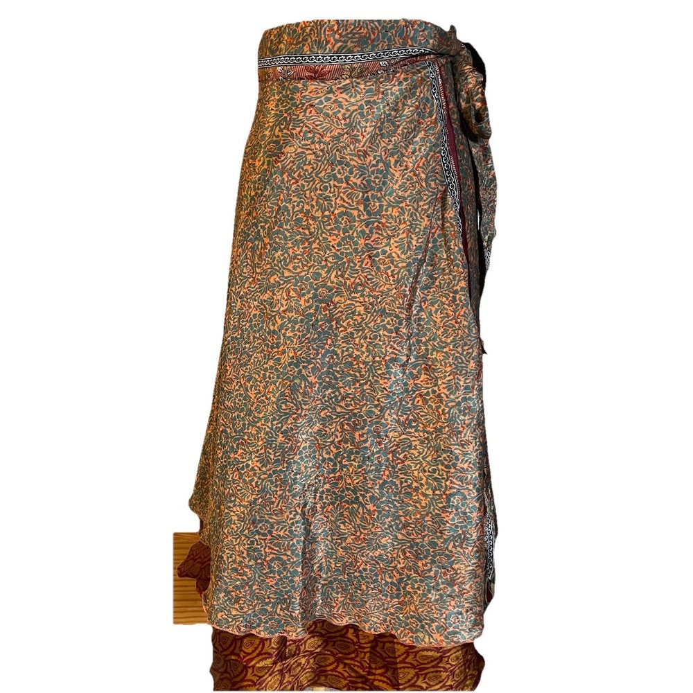 Kariza Vintage Reversible Wrap Maxi Skirt OS Layered Blue Gold Red Boho Peasant - Picture 4 of 14